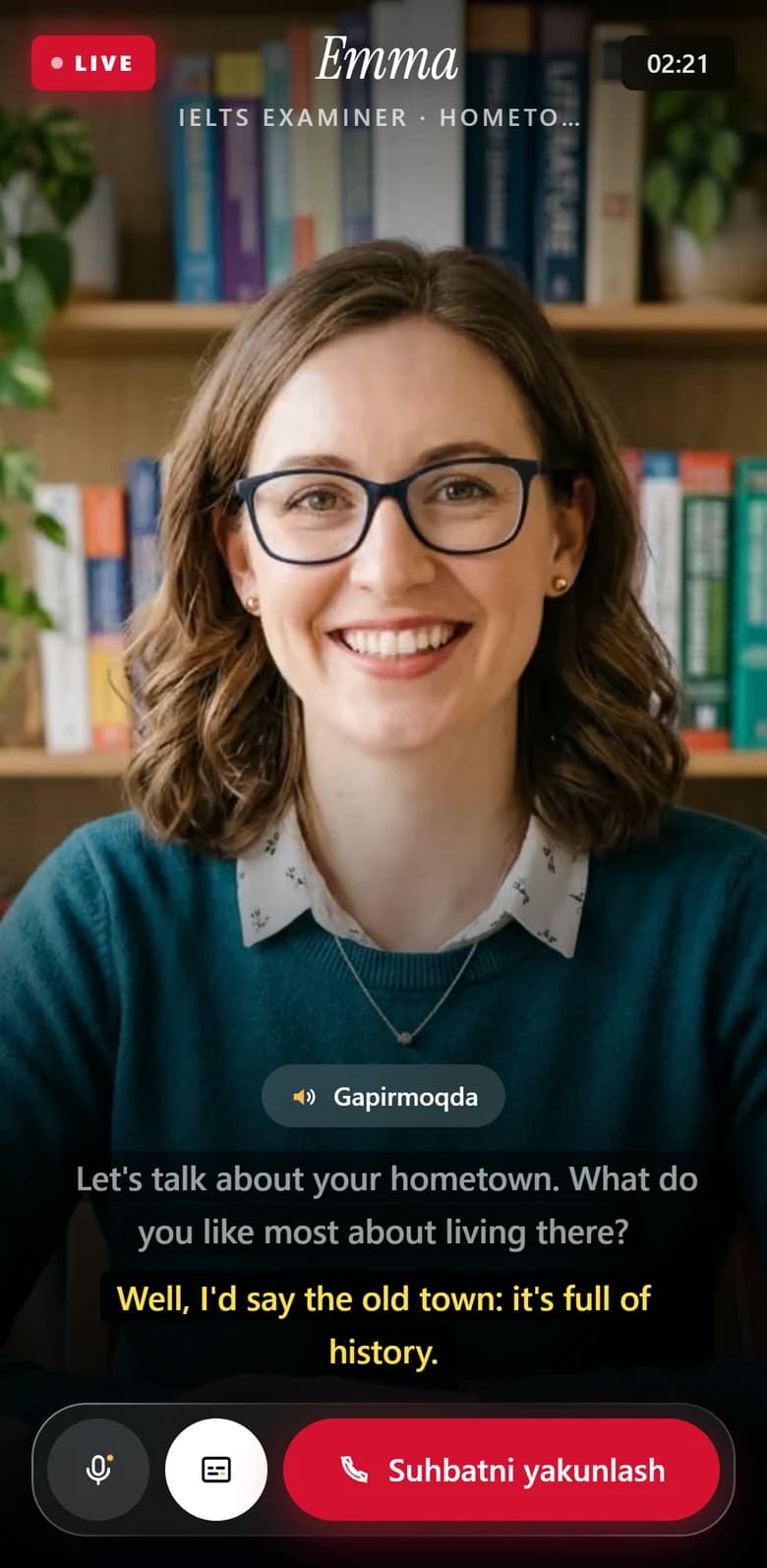 Ilovada imtihonchi Emma bilan jonli qo'ng'iroq