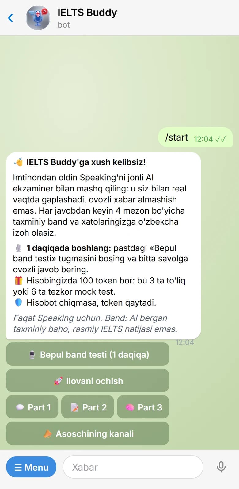 Telegramda botning birinchi xabari